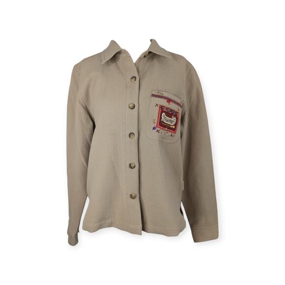 Christopher & Banks Sz S Embroidered Shirt Shacket Tan Beaded Canoe Motif - Picture 1 of 9